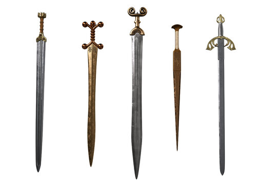 Set of 5 medieval fantasy sword weapons isolated. 3D rendering.