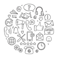 Hand drawn set of customer service doodle icons. Client support, call center in sketch style. Hotline symbols: Phone, clock, shaking hands, headphones. Vector illustration isolated on white background