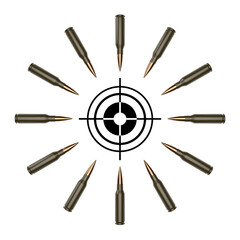 Cartridges are stacked around the target for shooting. Transparent background. 3D rendering