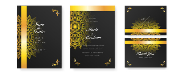 Wedding invitation card with beautiful luxury gold mandala pattern. Elegant gold wedding invitation card template