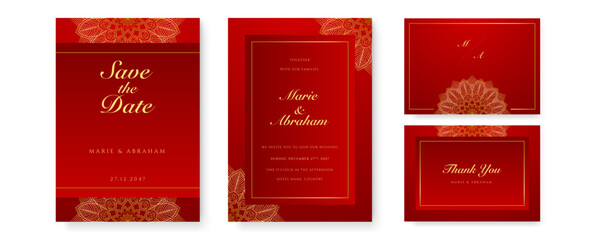 Royal red wedding invitation card design with golden mandala and abstract pattern