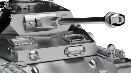 Metallic military silver painting tank on white-black lighting background. Concept 3D CG of power strength, dynamic strategy and strong system. PNG file format.