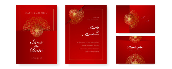 Royal red wedding invitation card design with golden mandala and abstract pattern