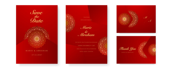 Royal red wedding invitation card design with golden mandala and abstract pattern