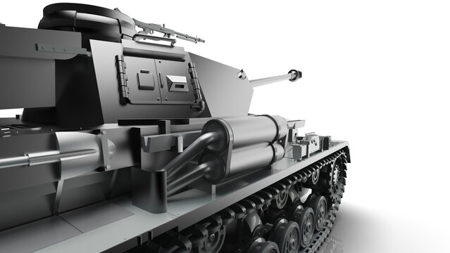 Metallic military silver painting tank on white-black lighting background. Concept 3D CG of power strength, dynamic strategy and strong system. PNG file format.