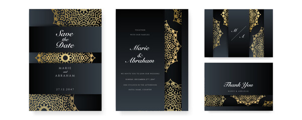 Fototapeta na wymiar Royal white black gold wedding invitation card design with golden mandala and abstract pattern