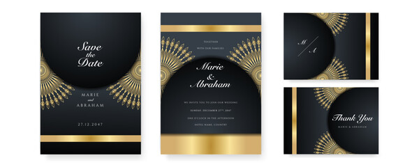 Royal white black gold wedding invitation card design with golden mandala and abstract pattern