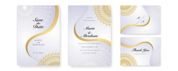 Royal white black gold wedding invitation card design with golden mandala and abstract pattern