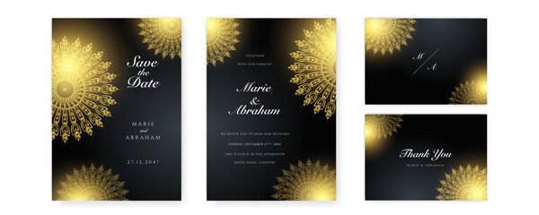 Royal white black gold wedding invitation card design with golden mandala and abstract pattern