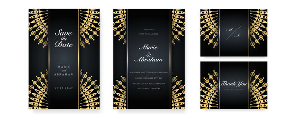 Royal white black gold wedding invitation card design with golden mandala and abstract pattern