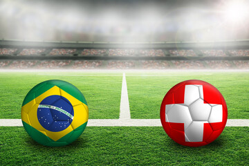 Brazil vs Switzerland flags on football in Soccer Stadium With Copy Space