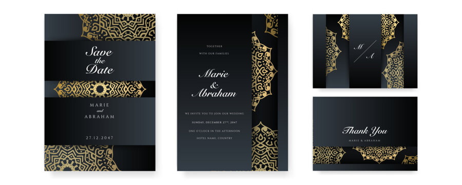 Royal white black gold wedding invitation card design with golden mandala and abstract pattern