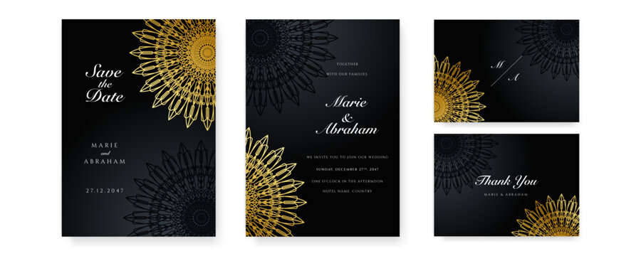 Royal white black gold wedding invitation card design with golden mandala and abstract pattern