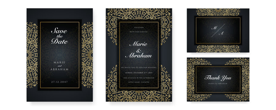 Royal white black gold wedding invitation card design with golden mandala and abstract pattern