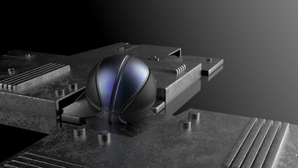 Black-Blue Basketball on Mechanical Metallic Dark Silver Titanium Plates. 3D illustration. 3D CG. High resolution.