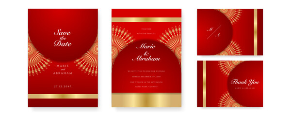Royal red wedding invitation card design with golden mandala and abstract pattern