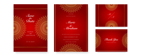 Royal red wedding invitation card design with golden mandala and abstract pattern