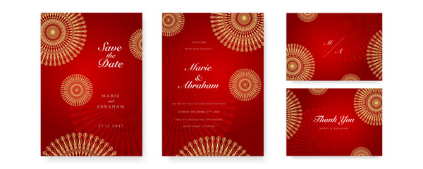 Royal red wedding invitation card design with golden mandala and abstract pattern