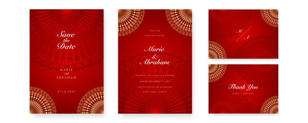 Royal red wedding invitation card design with golden mandala and abstract pattern