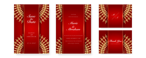 Royal red wedding invitation card design with golden mandala and abstract pattern