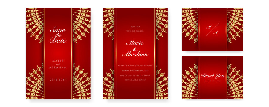 Royal red wedding invitation card design with golden mandala and abstract pattern