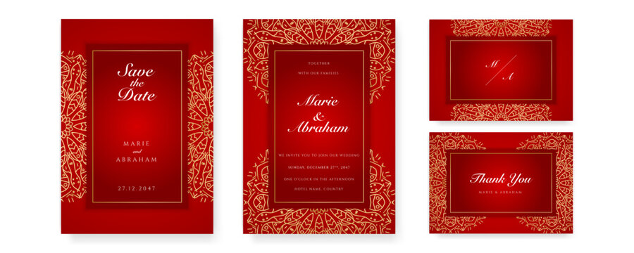 Royal red wedding invitation card design with golden mandala and abstract pattern