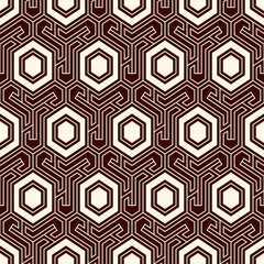 Honeycomb seamless pattern. Hexagon mosaic tiles ornament. Ethnic surface print. Repeated geometric figures background. Ornamental wallpaper. Modern geo design digital paper. Vector abstract.