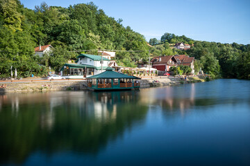 Fototapeta na wymiar Raft cafe on river Gradac, Valjevo