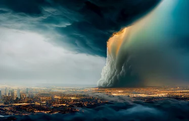 Ein Blick auf einen großen Tornado, der eine ganze Stadt zerstörte. Ein Tornado verschlingt die Stadt. 3D-Rendering © Viks_jin