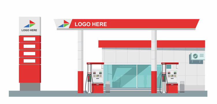 	 Icon petrol station store art modern element map road sign symbol logo famous identity city style shop urban 3d flat building street isolated red white background design vector template illustration