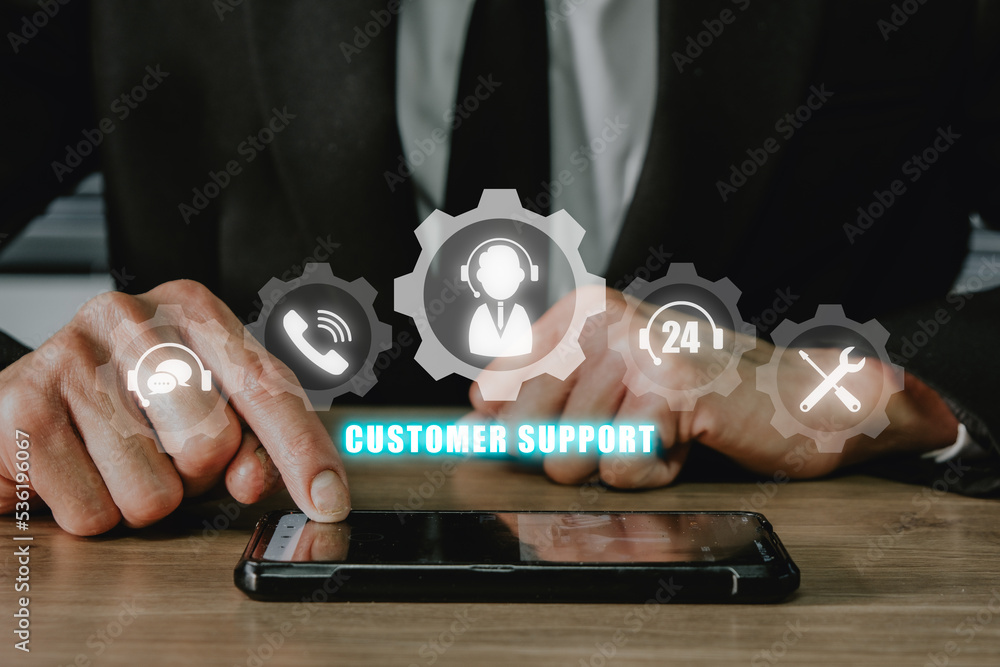 Aufkleber technical support customer service concept, person hand using smart phone with vr screen support cus