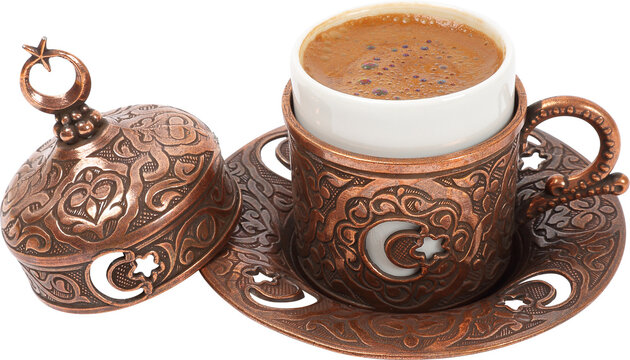 Turkish coffee in traditional copper cup on isolated white background transparent png image