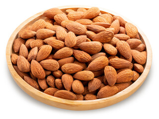 Roasted Delicious Almond on brown wooden table on white With work path, Almond in wooden plate isolated on white background. 