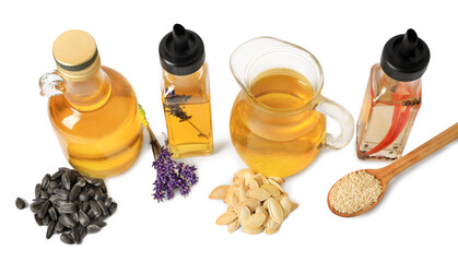 Different cooking oils and ingredients on white background