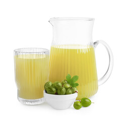 Tasty gooseberry juice and fresh berries isolated on white