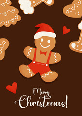 Christmas card with cute gingerbread man in santa hat and inscription Merry Christmas. Vector illustration. vertical Template for design of your holiday cards