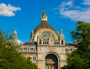 External view of Centraal railway station in Antwerp from De Keyserlei street. Flemish Region of Belgium.