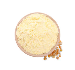 Bowl with corn flour and grains on white background, top view