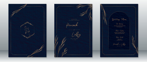 Wedding invitation card template luxury design with gold leaf frame and dark navy background