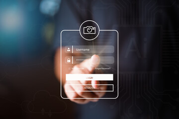 Man using touching the virtual screen login user password interface on digital display. Concept of cyber security, information security and encryption, secure access to user's personal information.