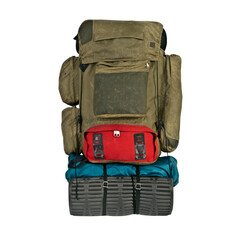 Funky fourty year old backpack isolated.  Patched and thrashed from high elevation adventures.  