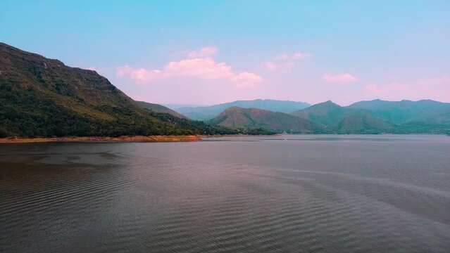 Aerial view of the back of the prado dam where you can see a lot of water like the sea in tolima colombia - concept of traveling around the world knowing beautiful places