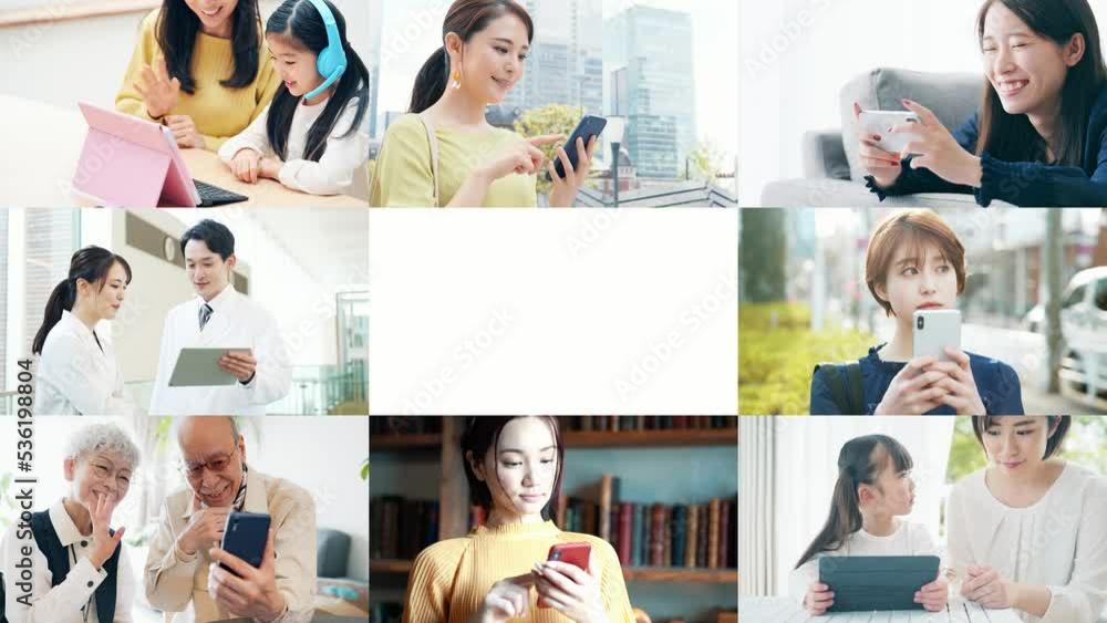 Aufkleber 様々なモバイルデバイスを使う人々　白バックからのトランジション　タイトル　テンプレート