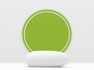 white stone podium products display minimal mockup 3d render. front view white room, lime green circle background podium shape nature. stand show cosmetic product. Stage showcase on pedestal podium.