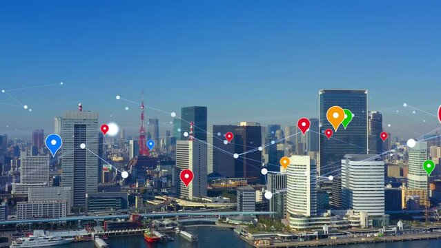 Aerial view of a modern city and lots of location pins. Location information. GPS.