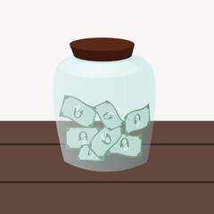 Cartoon vector illustration of a jar filled with flying money