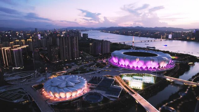aerial view of modern landmark architectures in hangzhou binjiang at twilight