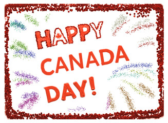 Happy Canada Day! textured red frame with text and fireworks splashes. Isolated elements for a wide range of projects. Sparkling glitter objects for a card or social media post embellishment.