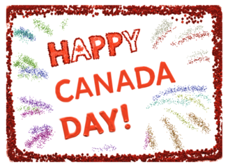 Happy Canada Day! textured red frame with text and fireworks splashes. Isolated elements for a wide range of projects. Sparkling glitter objects for a card or social media post embellishment.