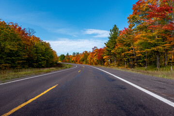 Fototapeta premium Fall color from middle of road with blue sky
